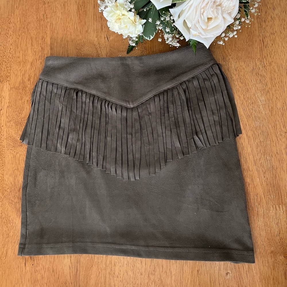 Military green skirt with fringe detail